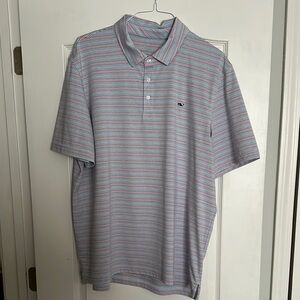 Men's Striped Vineyard Vines Performance Polo - Blue and White (XL)